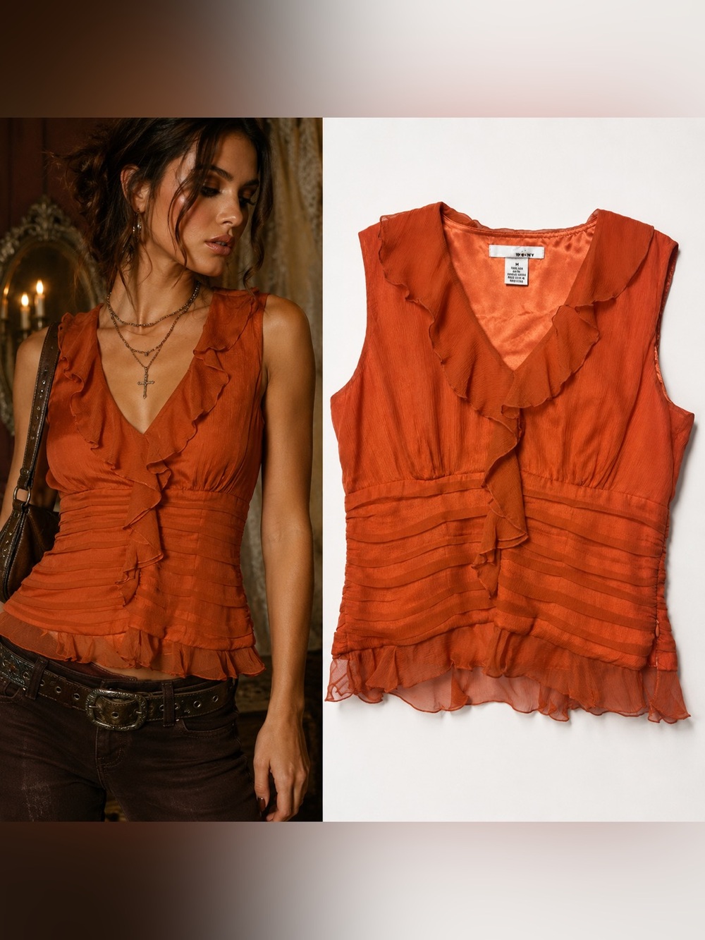 WD.NY Rust Orange Ruffled Sleeveless Blouse
